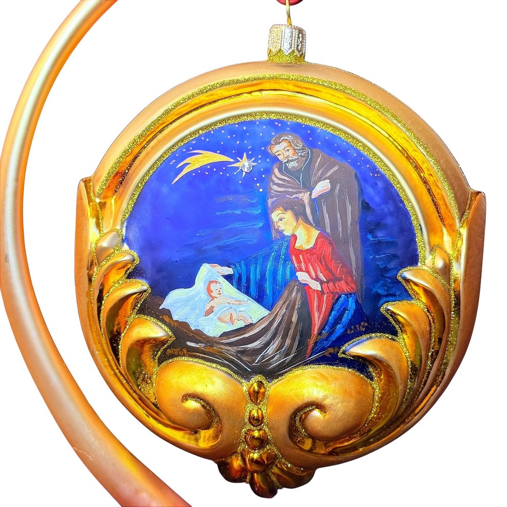 Bombkarnia Glass Holy Family Nativity‎ Scene Medallion Ornament and Glass Stand